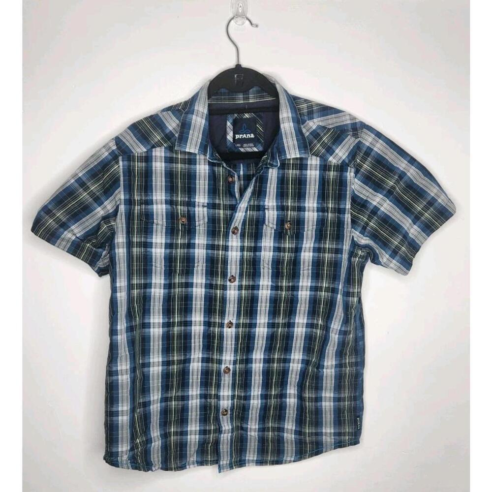 Prana Men Plaid Button Down Short Sleeve Shirt Size L Blue Green Academia Casual
